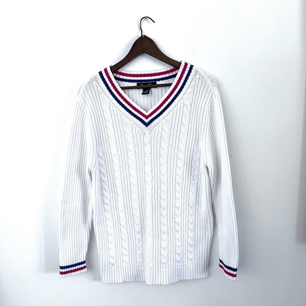 Denim & Co. Vintage 90's V Neck Sweater White w/ Red Navy Stripe 100% Cotton L